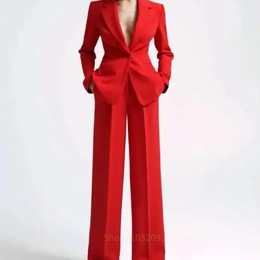Red Tailored Women's Pantsuit - Classic Long-Leg Blazer & Trousers